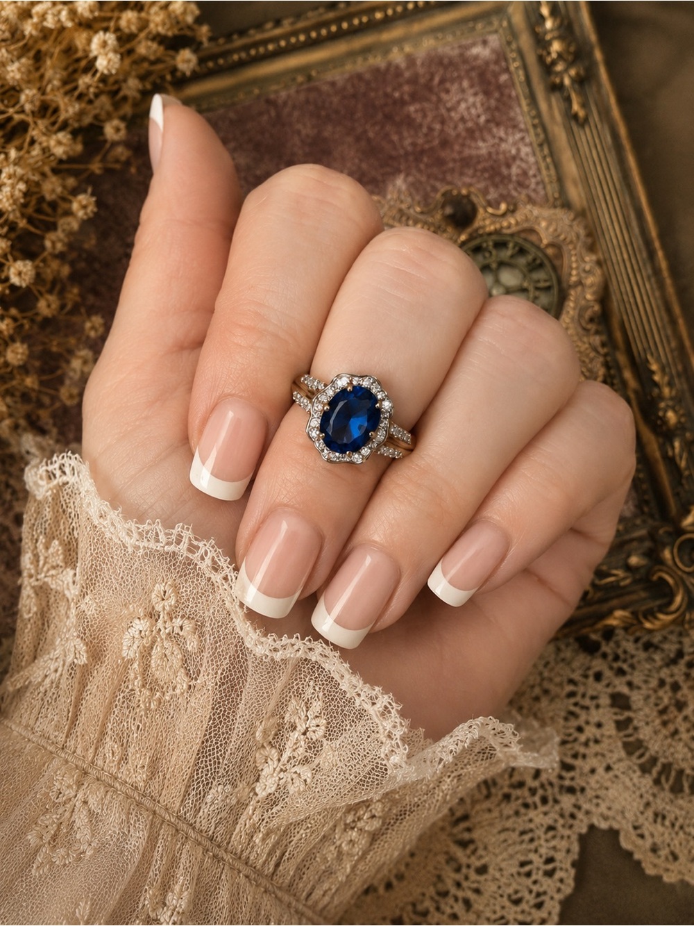 MACY’S • Gold 925 Vermeil Halo Crystal Sapphire Estate Ring - Picture 5 of 9